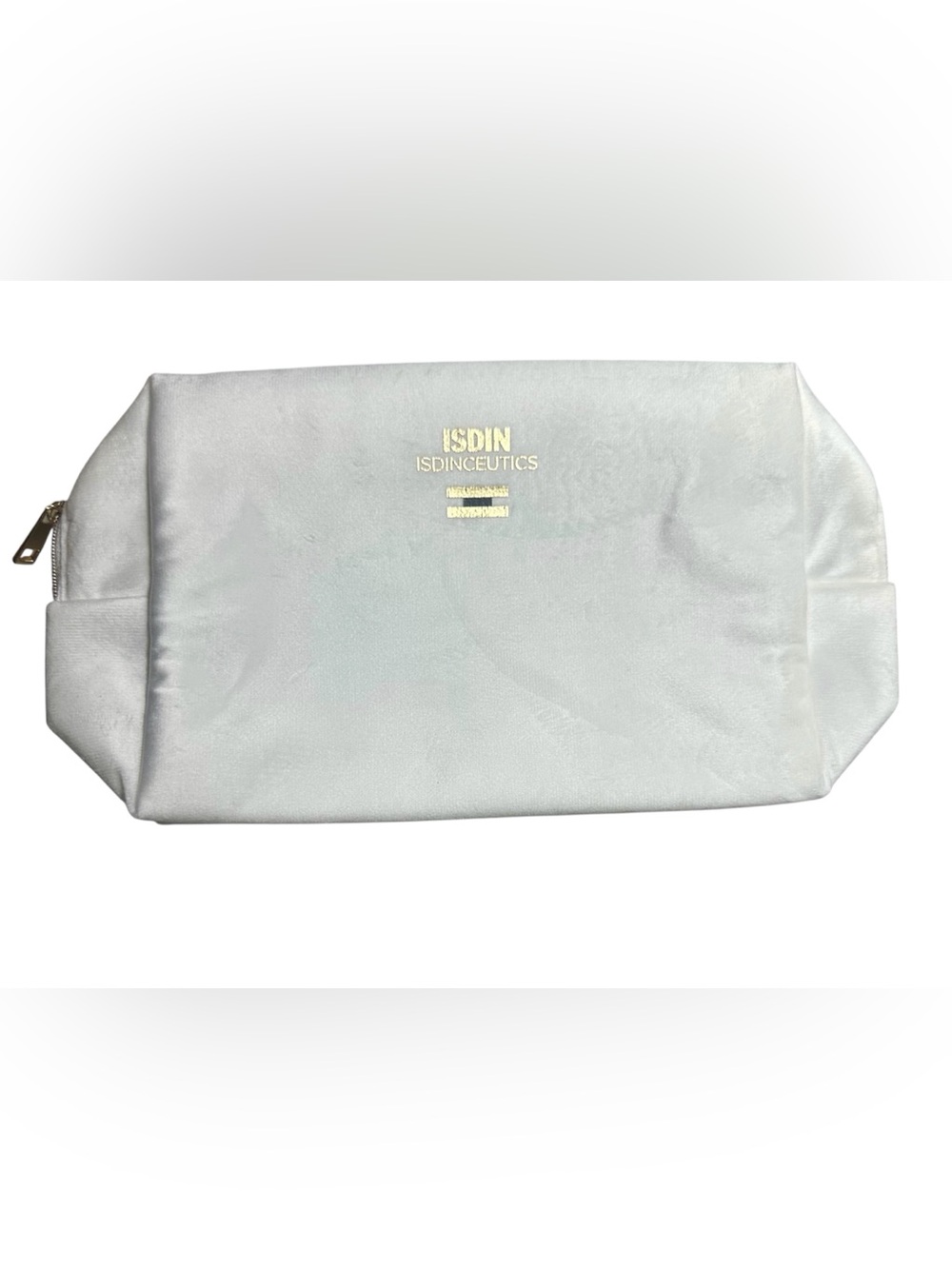 ISDIN Cosmetic Velour Pouch in White w Gold Logo. NEW IN POUCH